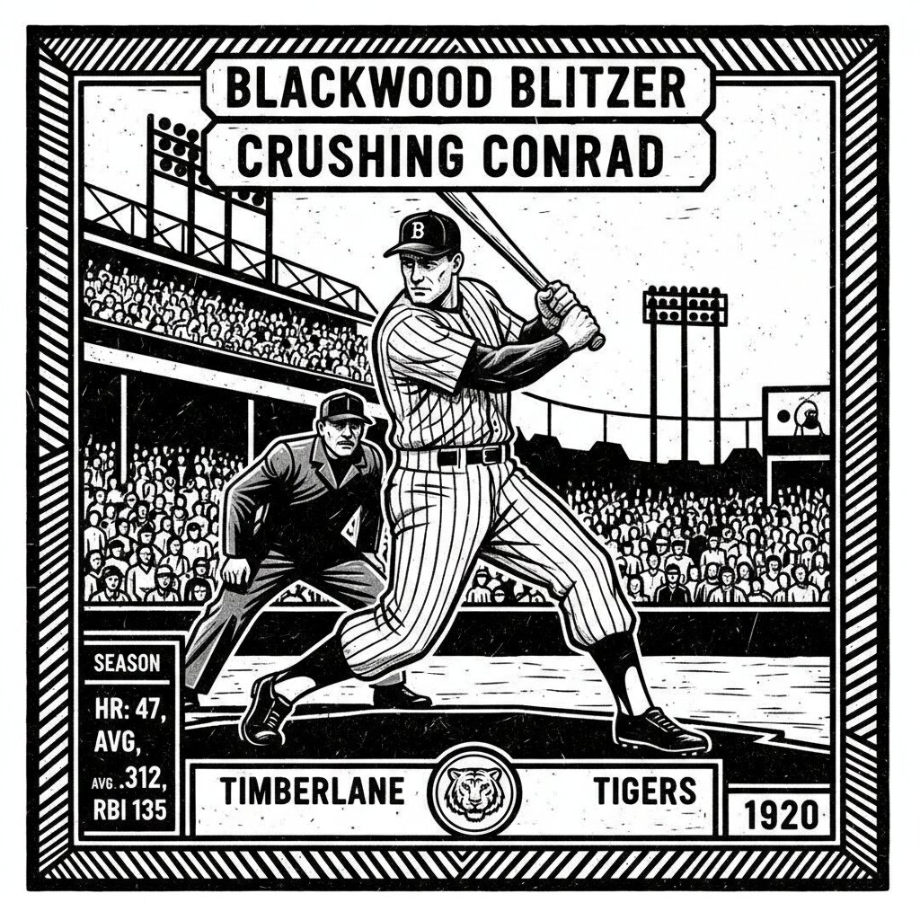 woodcut block print &mdash; baseball card &mdash; generated image