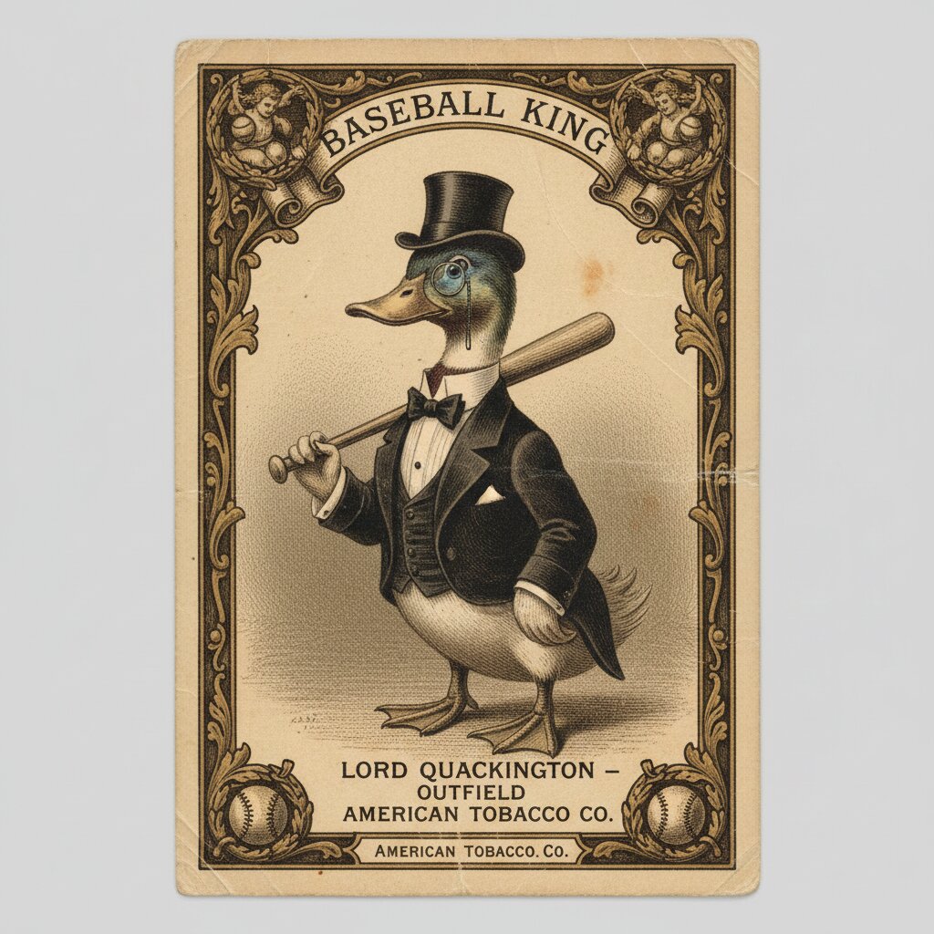 1910s tobacco card &mdash; a duck wearing a tuxedo &mdash; generated image