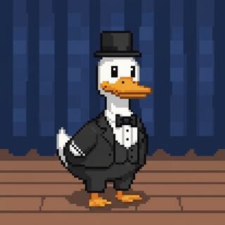 8-bit pixel art &mdash; a duck wearing a tuxedo