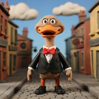 claymation &mdash; a duck wearing a tuxedo