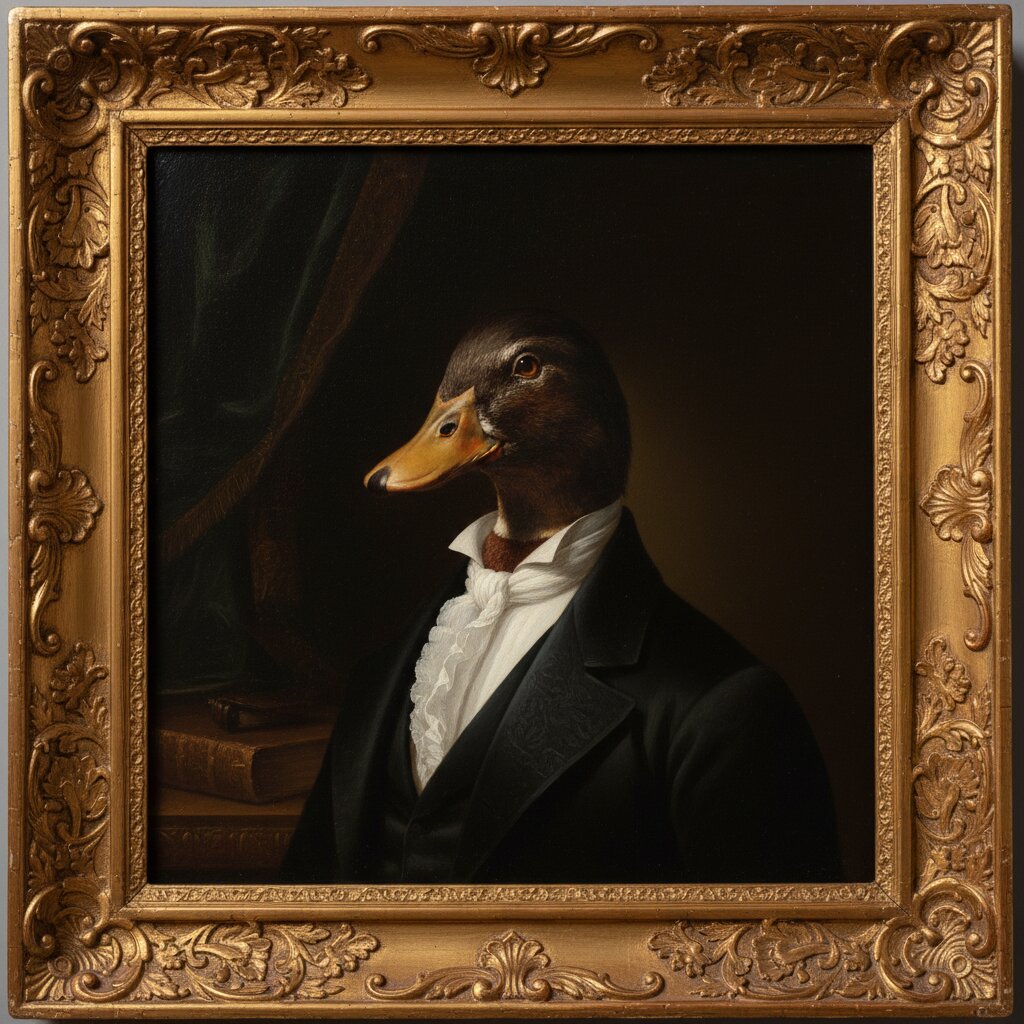 Renaissance oil painting &mdash; a duck wearing a tuxedo &mdash; generated image