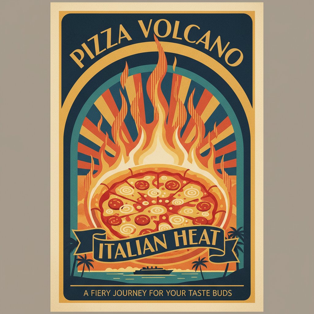 Art Deco travel poster &mdash; a pizza on fire &mdash; generated image