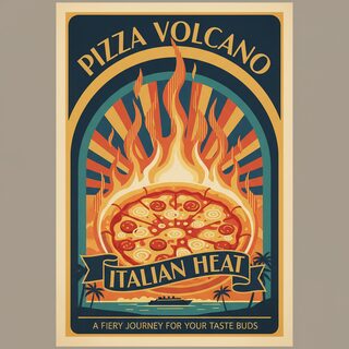 Art Deco travel poster &mdash; a pizza on fire