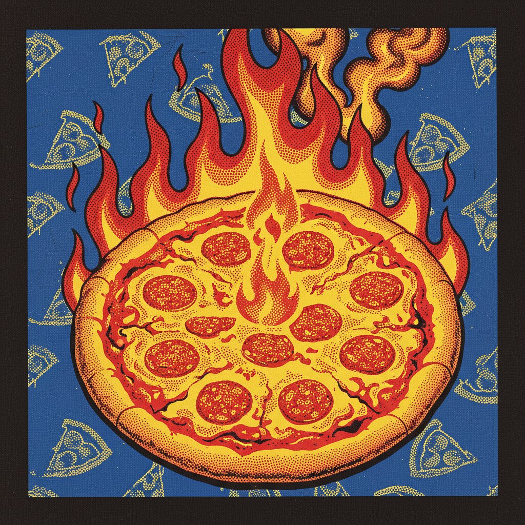pop art silkscreen &mdash; a pizza on fire &mdash; generated image