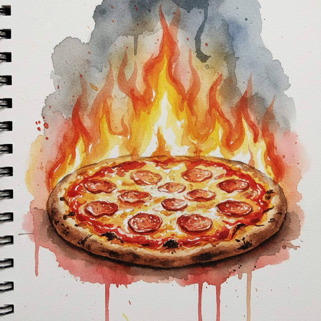 watercolor sketchbook &mdash; a pizza on fire &mdash; generated image