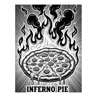 woodcut block print &mdash; a pizza on fire