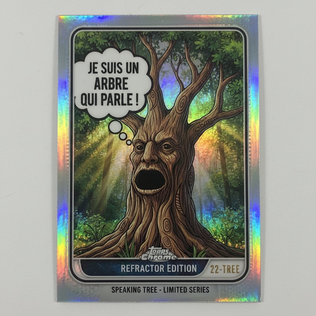 2020s Topps Chrome refractor &mdash; A Tree Speaking Untranslated French &mdash; generated image