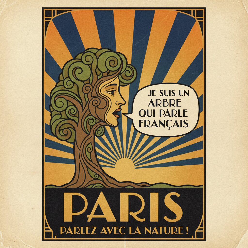 Art Deco travel poster &mdash; A Tree Speaking Untranslated French &mdash; generated image