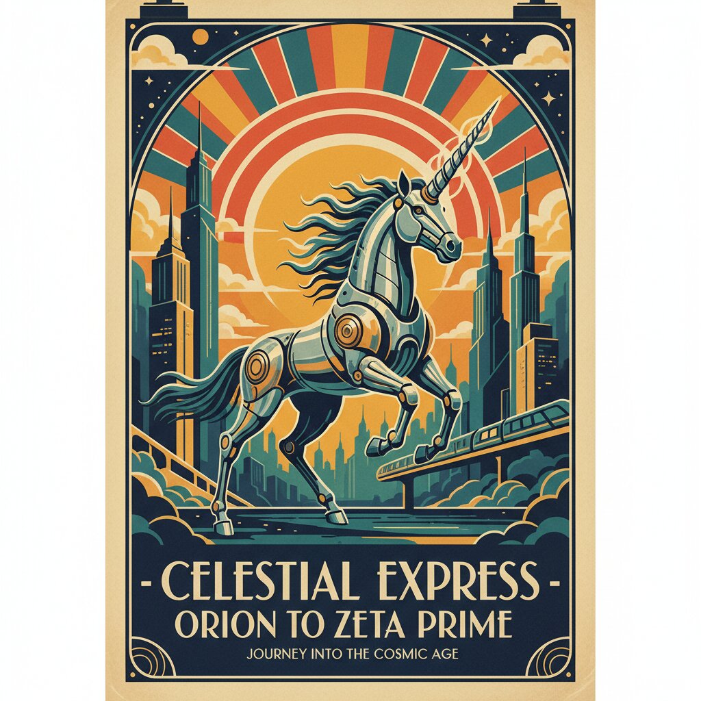 Art Deco travel poster &mdash; a unicorn who is actually a robot &mdash; generated image