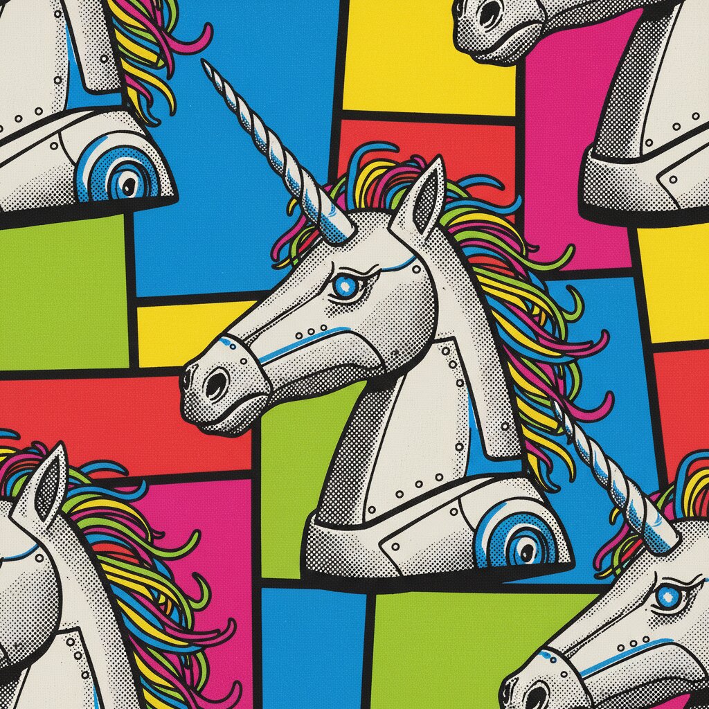 pop art silkscreen &mdash; a unicorn who is actually a robot &mdash; generated image