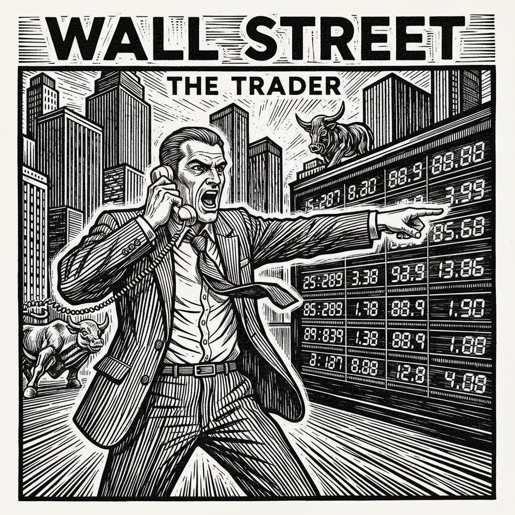 woodcut block print &mdash; A WallStreet Stock Trader &mdash; generated image