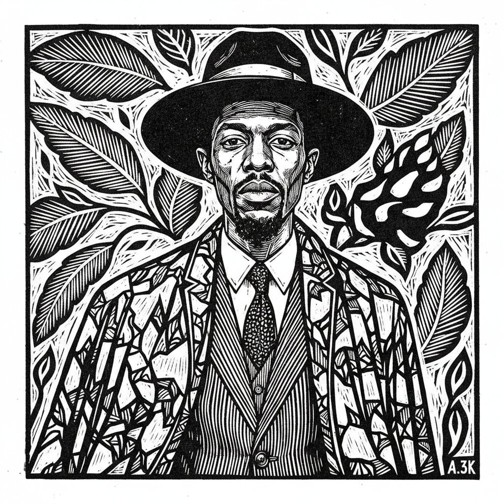 woodcut block print &mdash; Andre 3000 &mdash; generated image