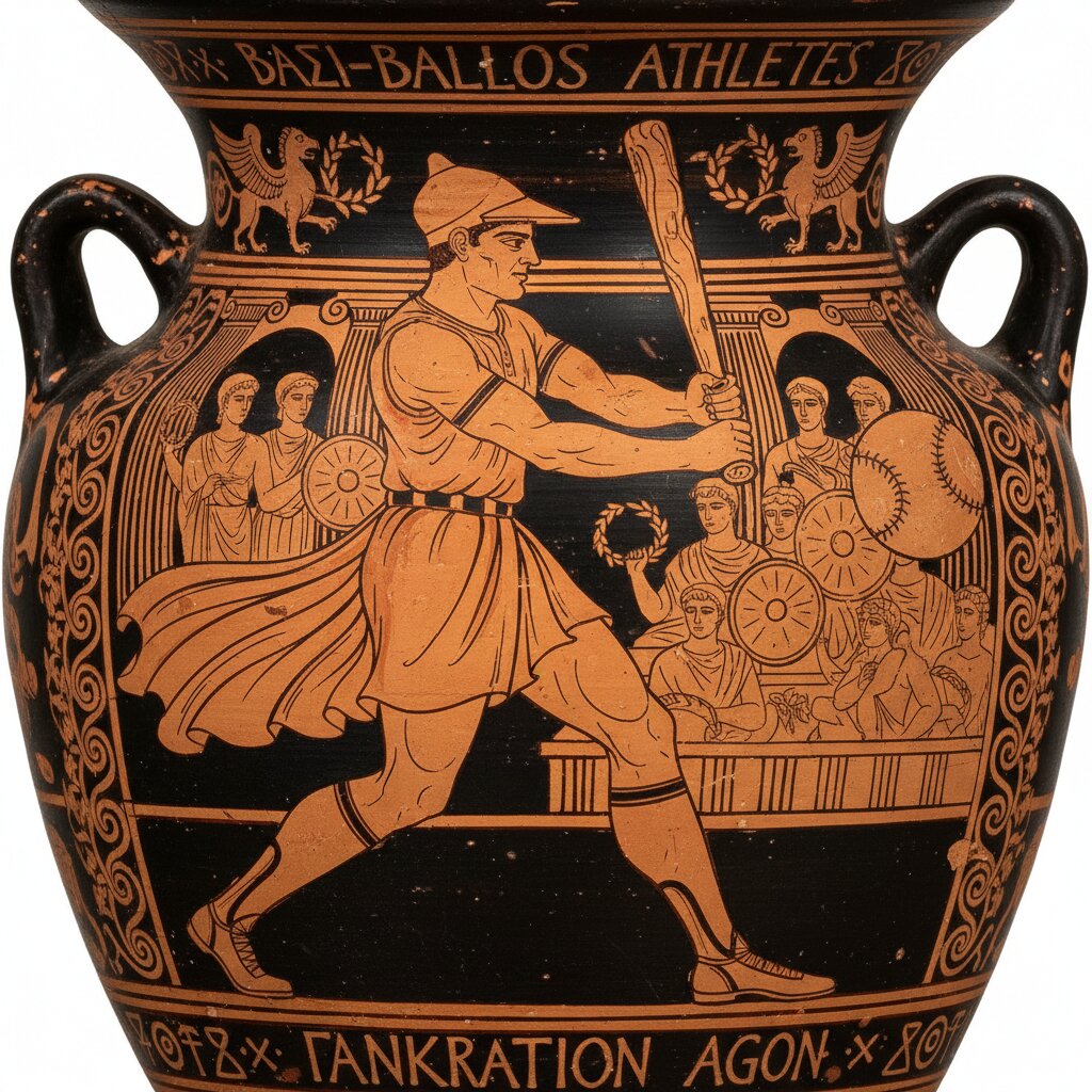 Ancient Greek Red-Figure Pottery &mdash; Baseball Player &mdash; generated image