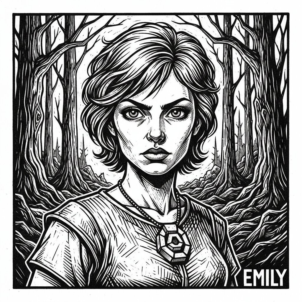 woodcut block print &mdash; Emily &mdash; generated image