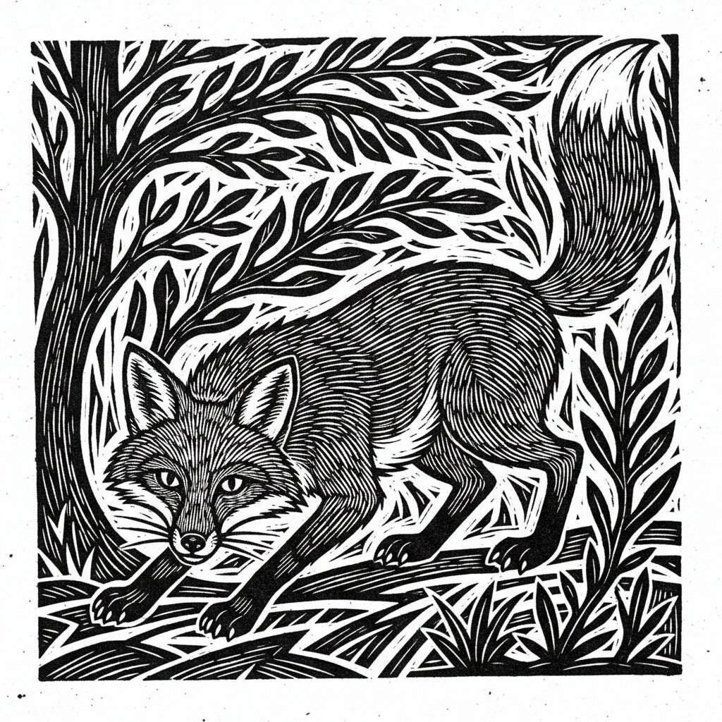 woodcut block print &mdash; Fox &mdash; generated image