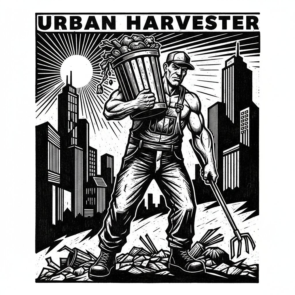 woodcut block print &mdash; garbage man &mdash; generated image