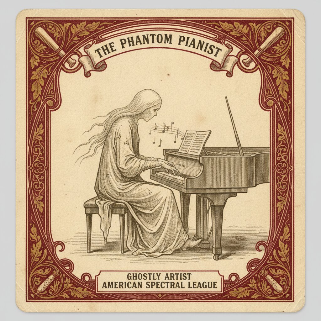 1910s tobacco card &mdash; ghost playing the piano &mdash; generated image