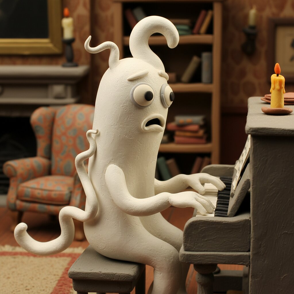 claymation &mdash; ghost playing the piano &mdash; generated image