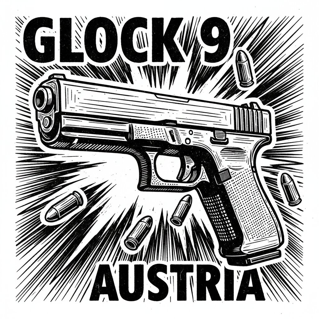 woodcut block print &mdash; glock 9 &mdash; generated image