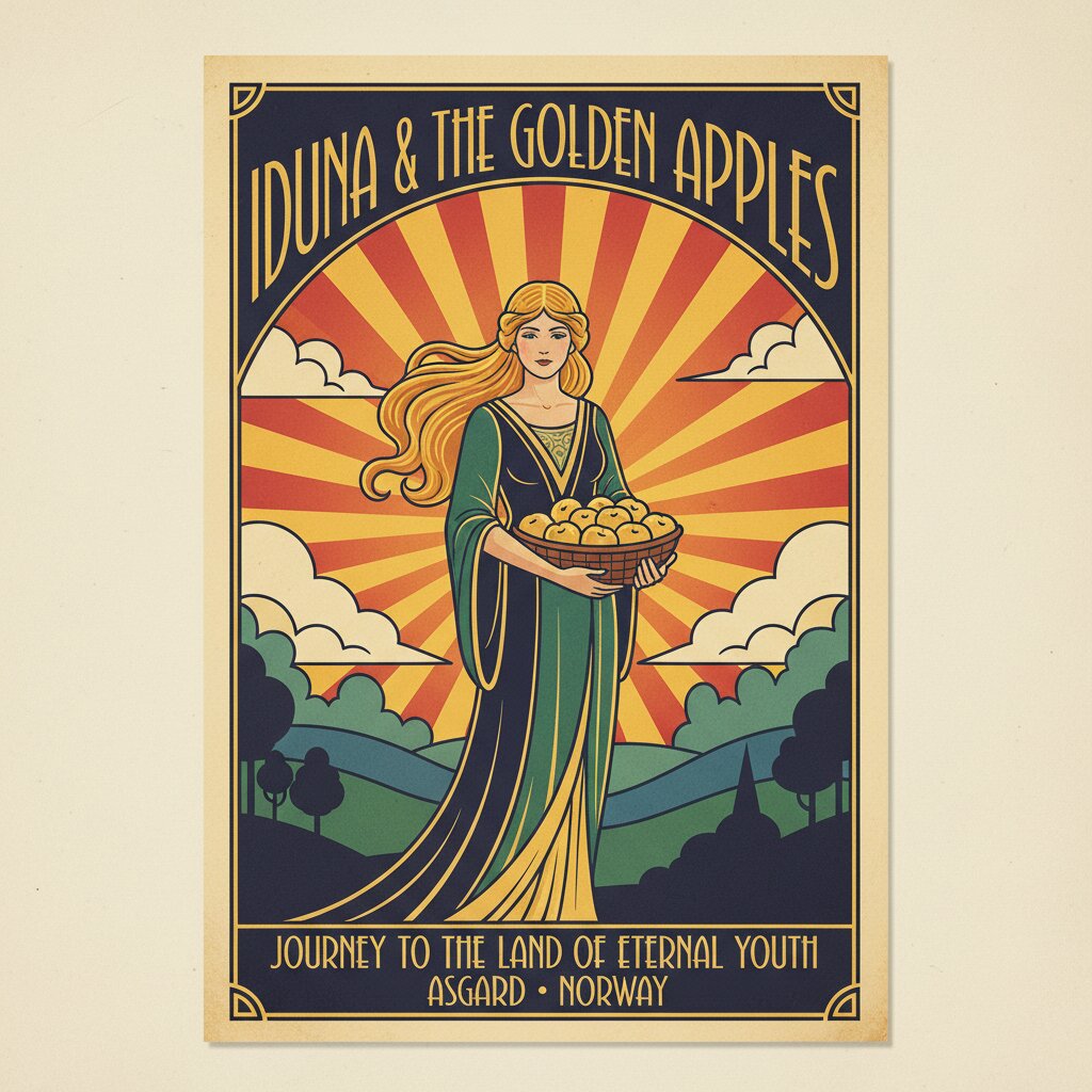 Art Deco travel poster &mdash; Iduna and Her Golden Apples &mdash; generated image