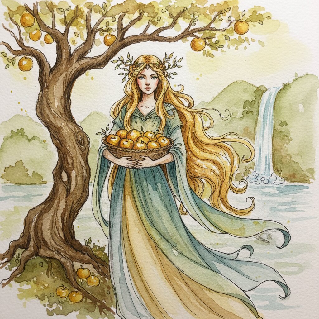 watercolor sketchbook &mdash; Iduna and Her Golden Apples &mdash; generated image