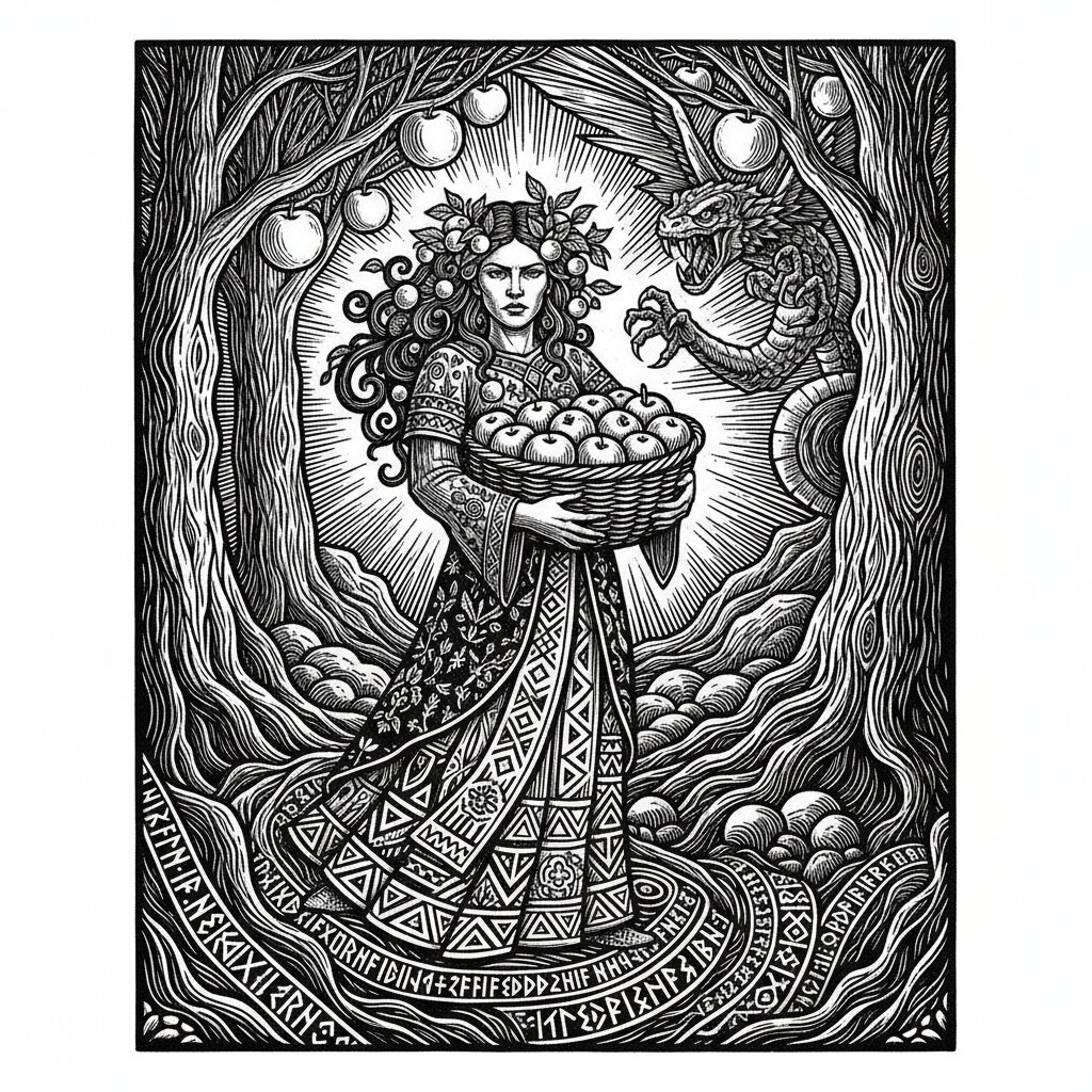 woodcut block print &mdash; Iduna and Her Golden Apples &mdash; generated image