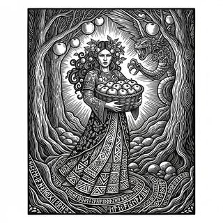 woodcut block print &mdash; Iduna and Her Golden Apples
