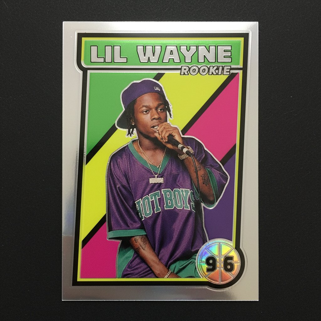 1990s glossy rookie card &mdash; Lil Wayne &mdash; generated image