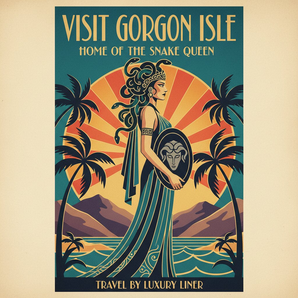 Art Deco travel poster &mdash; Medusa &mdash; generated image
