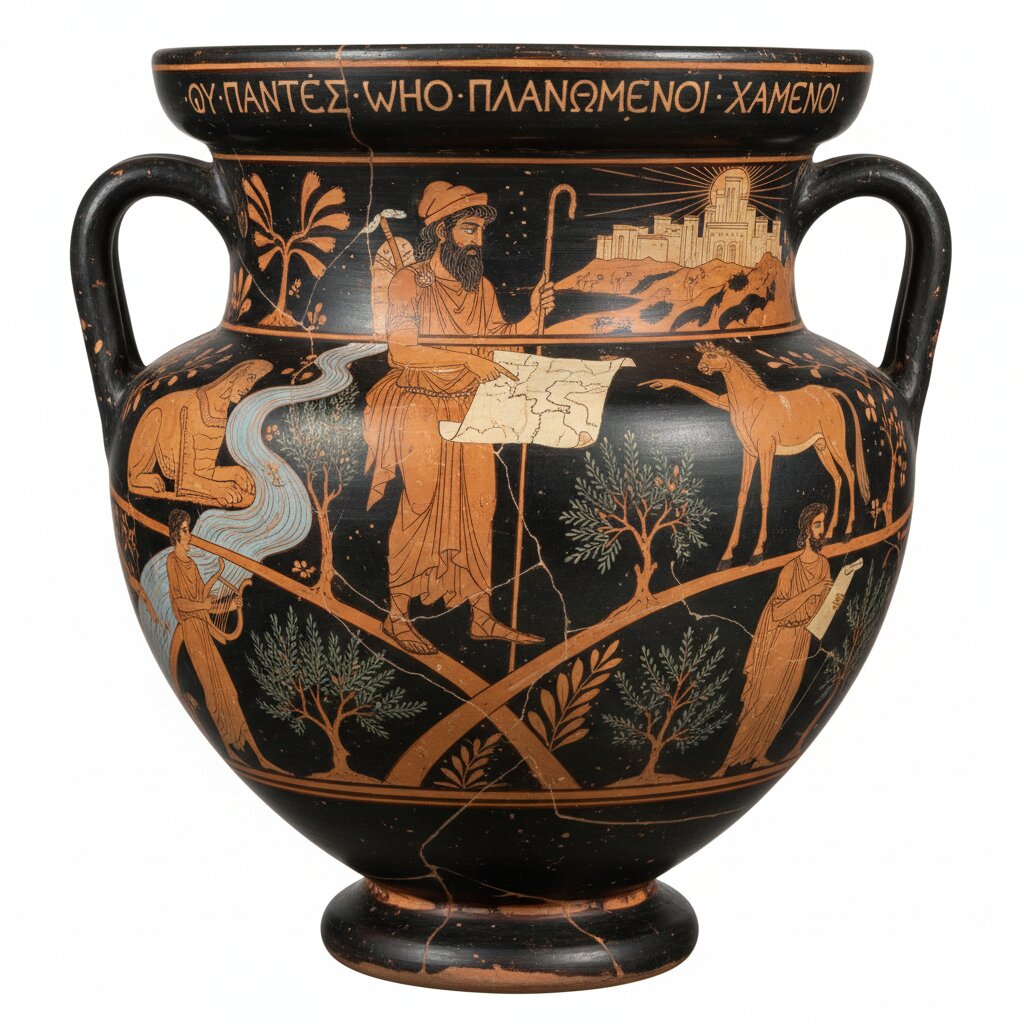 Ancient Greek Red-Figure Pottery &mdash; Not All Who Wander Are Lost &mdash; generated image
