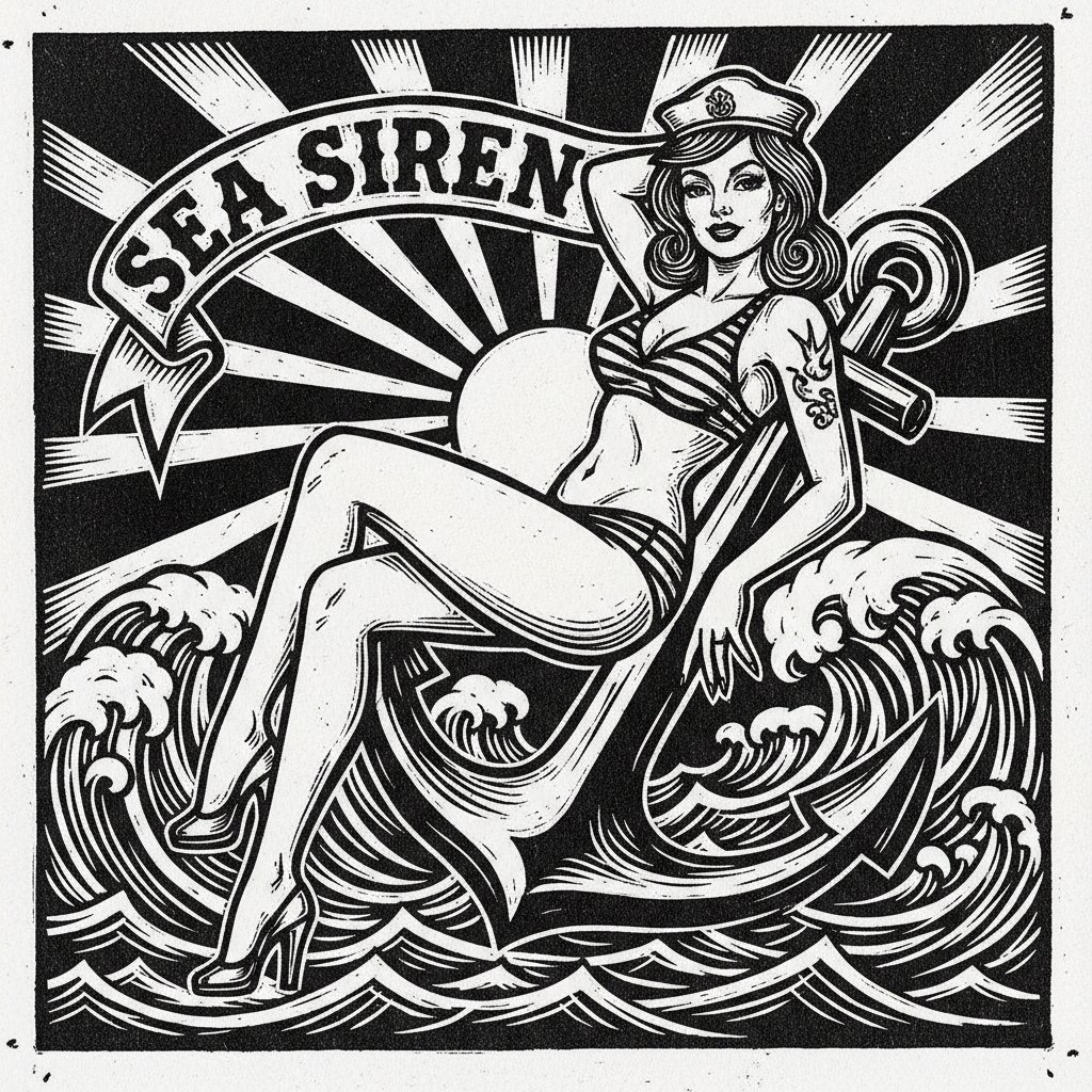 woodcut block print &mdash; Pinup Girl &mdash; generated image
