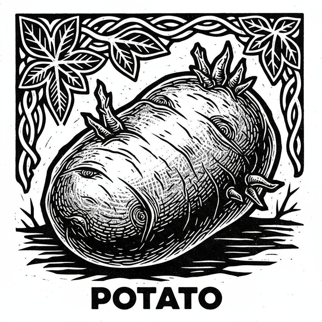 woodcut block print &mdash; Potato &mdash; generated image