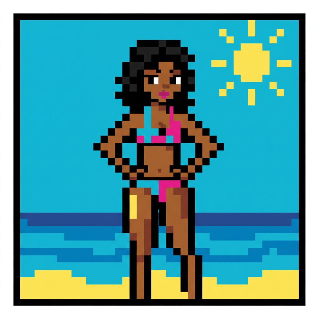 8-bit pixel art &mdash; racially ambiguous swimsuit model &mdash; generated image