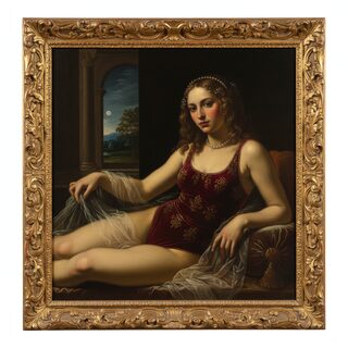 Renaissance oil painting &mdash; racially ambiguous swimsuit model
