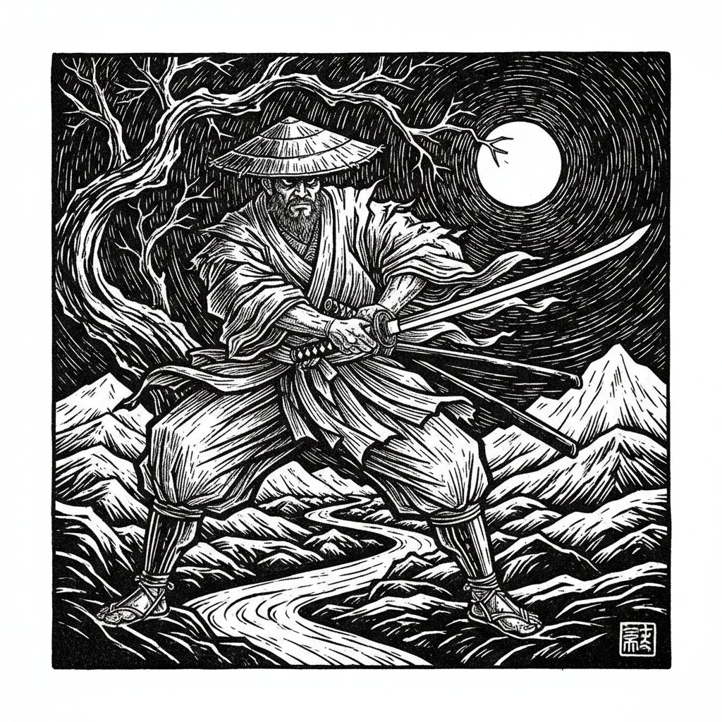 woodcut block print &mdash; Ronin &mdash; generated image